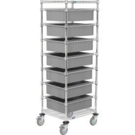GLOBAL EQUIPMENT Chrome Wire Cart With (7) 6"H Gray Grid Containers, 21x24x69 269028GY